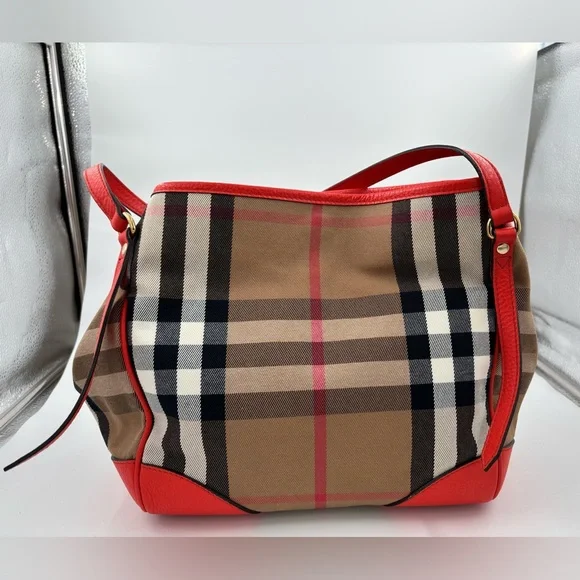 Auth Burberry House Check Canterbury canvas leather orange bag tote purse - Picture 5 of 16